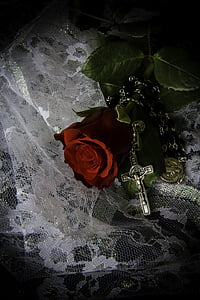 red rose, crucifix, religion, cross, red, rose, christian