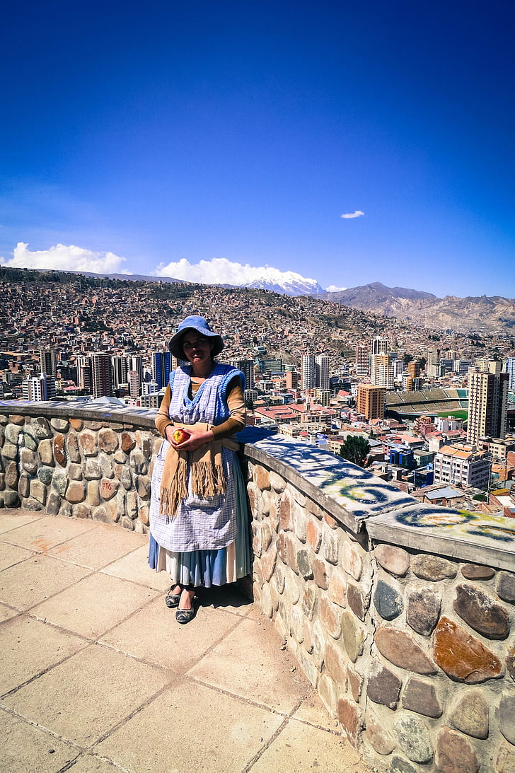 la paz, Bolívia, dona, senyora, edificis, ciutat, muntanyes