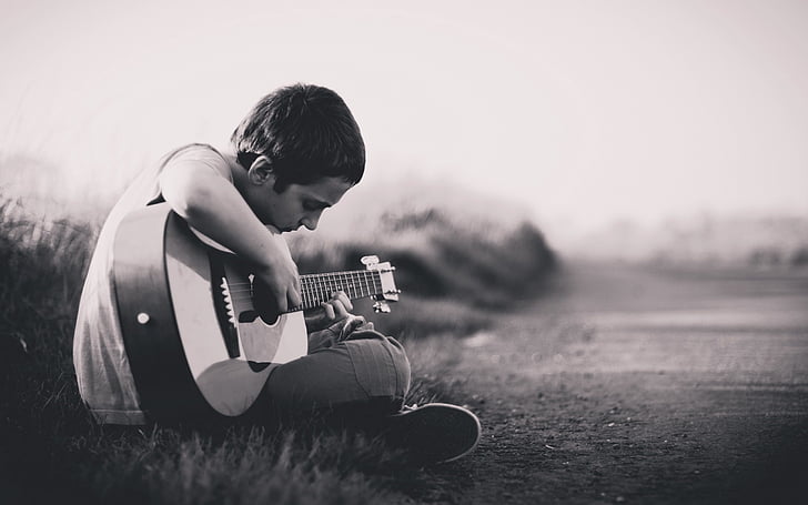 dječak, gitara, sjedi, na otvorenom, insturment, glazba, igranje