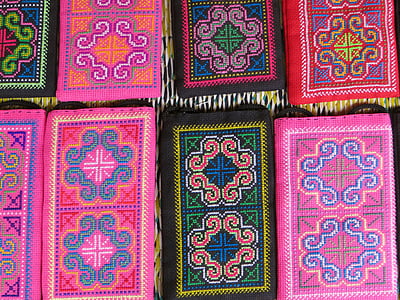 Laos, broderi, silke industri, markedet, farger, rosa, grønn