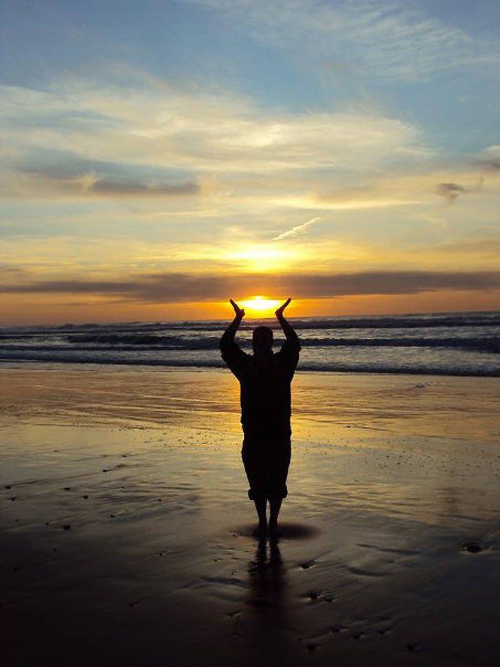 silhouette, beach, sunrise, sunset, sand beach, shadow, sea