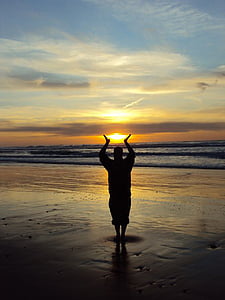 silueta, pláž, východ slunce, Západ slunce, písečná pláž, stín, Já?