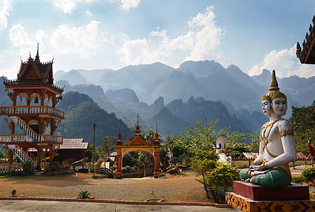 Laos, Tapınak, dağlar, Budist, Vang, Vieng, heykel