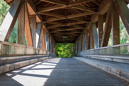 мост, дървен материал, далеч, природата, гора, дървен мост, река