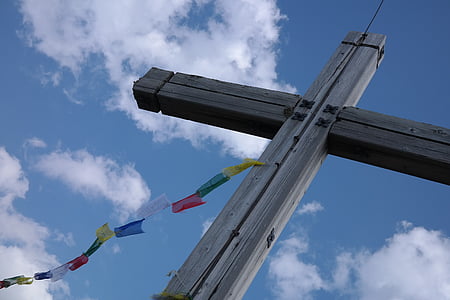 szczytu krzyż, Krzyż, Top z basenem, Alpy Algawskie, drewniany krzyż, niebo, Chmura - Niebo