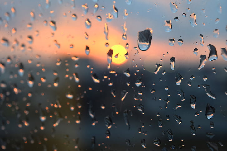 pluja, gotes, mullat, finestra, posta de sol, plovent, vidre