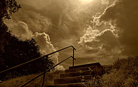 niebo, chmury, wzgórze, schody, kamienne schody, dramatyczne, Gotyk
