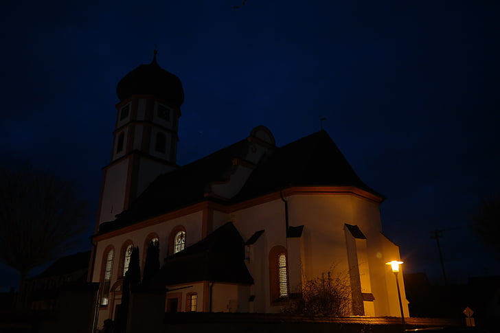 church, steeple, at night, illuminated, evangelical parish, st franziskus, er singing