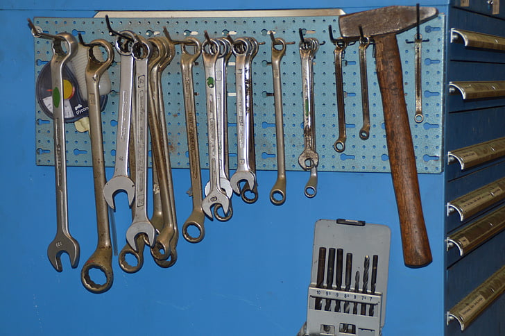 ferramentas, oficina, martelo, chave inglesa
