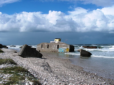 Dinamarca, bunker, Mar do Norte, praia, Costa, mar, litoral