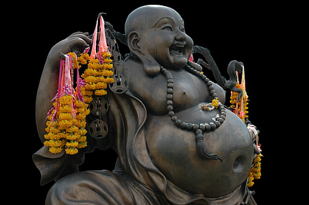 Buddha, sámánizmus, nevetni, várom, elhízott, bronz, ábra