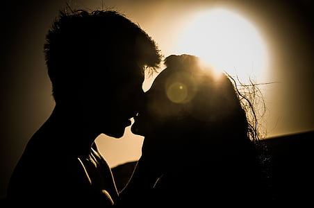 sunset, kiss, couple, love, romance, romantic, silhouette