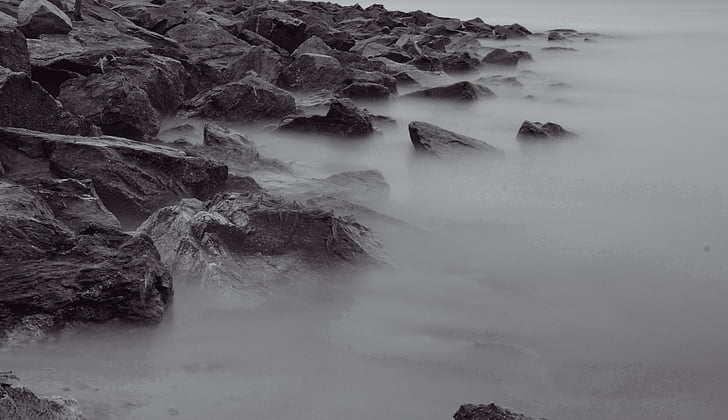 rocks, boulders, coast, mist, grey, nature, sea