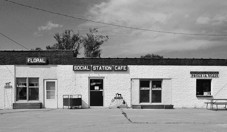 Café, postkantoor, Winkel, Restaurant, zwart-wit, langs de weg café