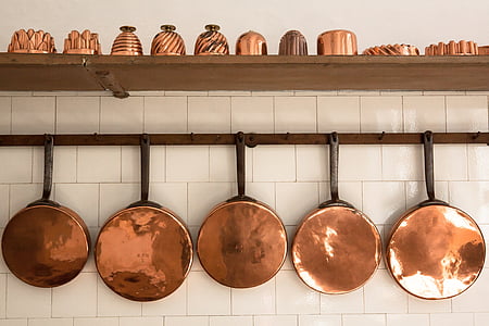 pans, copper, old, baking moulds, antique, kitchen, georgian style