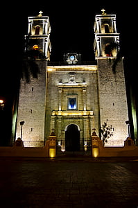 Katedrála, Valladolid, kostel, noční, Architektura, Evropa, osvětlené