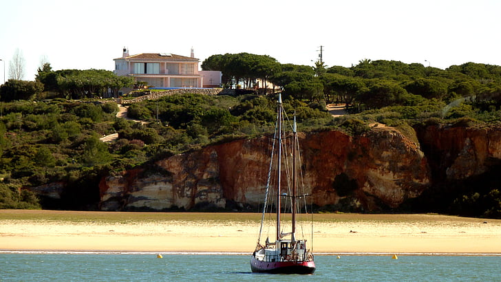 sejlskib, kyst, Beach, Rock, havet, vand, Algarve