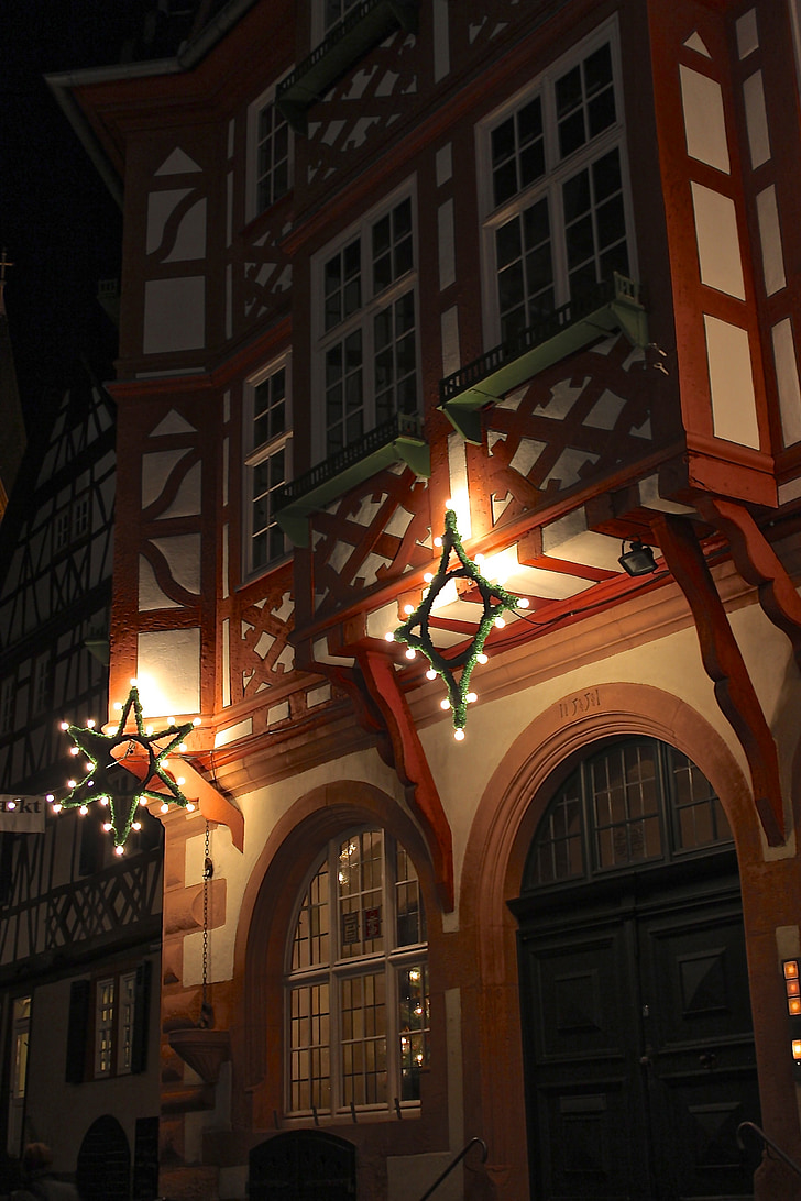 fachwerkhaus, ตอนเย็น, คริสมาสต์, ดาว, แสงสว่าง, คืน, เรืองแสง