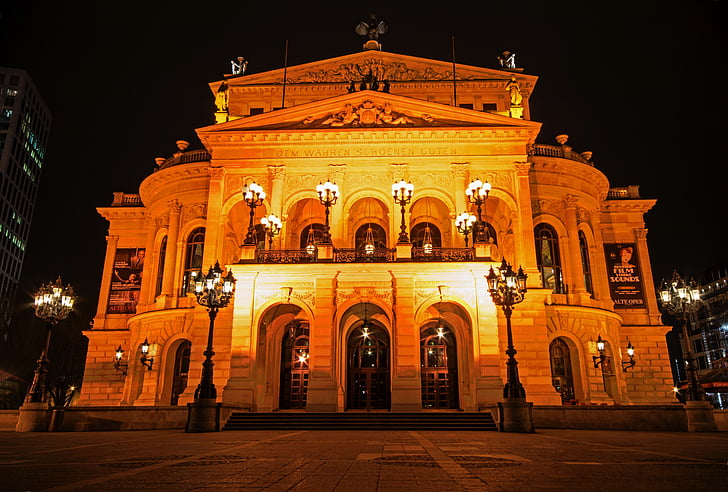Frankfurt nad Menem, Hesja, Niemcy, stara opera, Opera, noc, nocne zdjęcie