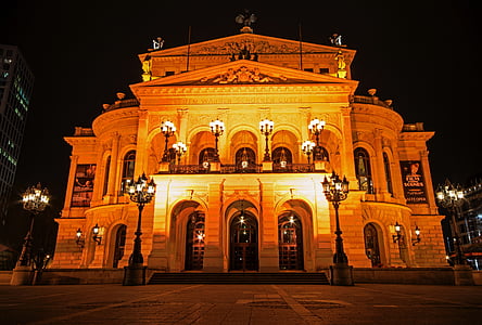 Frankfurte pie Mainas, Hesse, Vācija, vecā opera, Opera, naktī, nakts fotogrāfijā