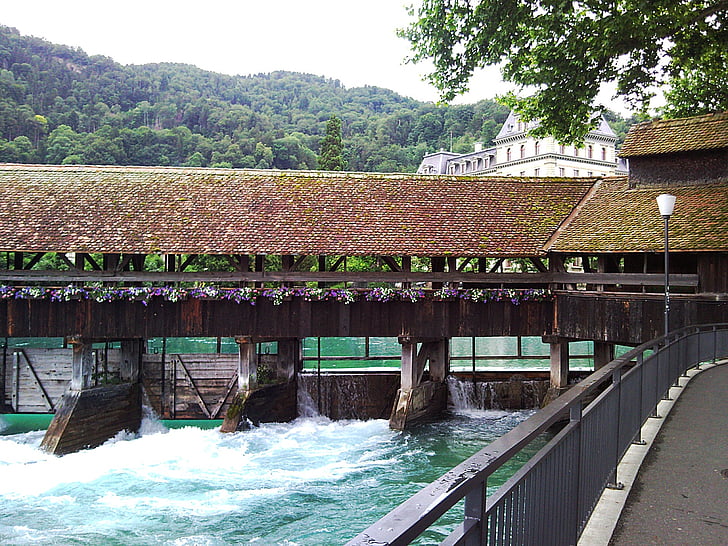 bridge, covered bridge, footbridge, aarebrücke, river, water, weir