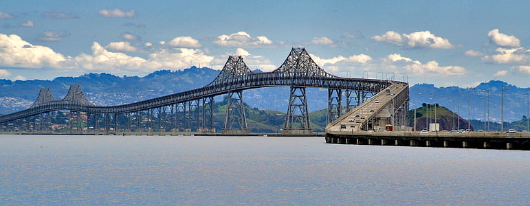 San rafael bridge, pilved, autod, Bay, San francisco bay, mäed, Bridge