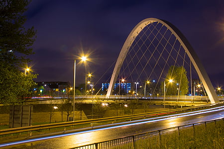 ponte, Manchester, Hulme, longa exposição, paisagem urbana, urbana, arquitetura