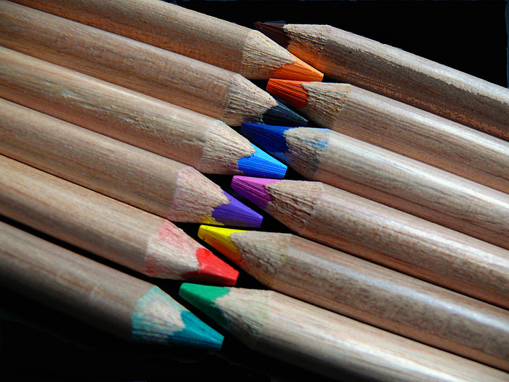 skærpet, farveblyanter, farverige, farve, farve blyanter, stablet, træ