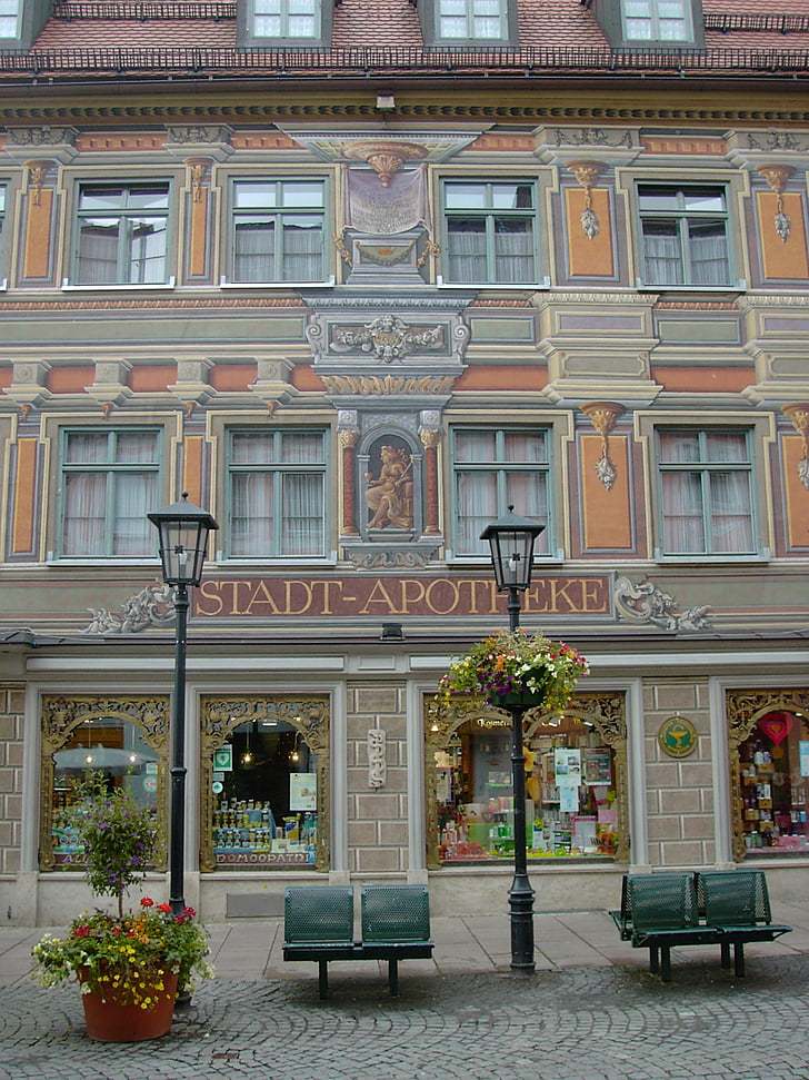 füssen, city pharmacy, imposing, facade, architecture, europe