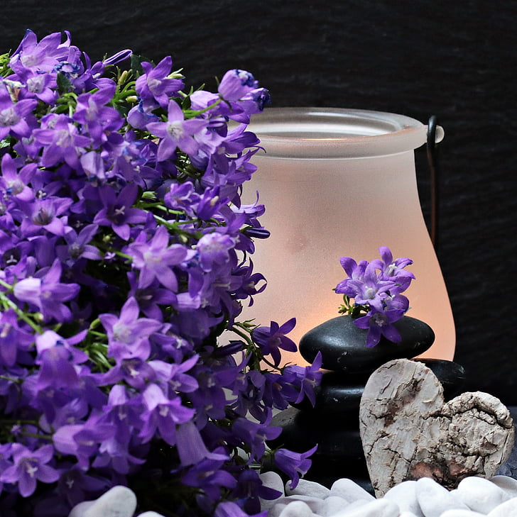 ziedi, purpura ziedu, akmeņi, sirds, akmens tornī, sveču gaismā, noskaņojums