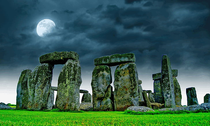 stonehenge, sky, moon, night, stone, ruin, mood