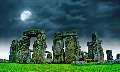 Stonehenge, obloha, měsíc, noční, kámen, Zřícenina, nálada