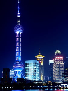 Architektura, budynki, Chiny, Miasto, gród, światła, noc
