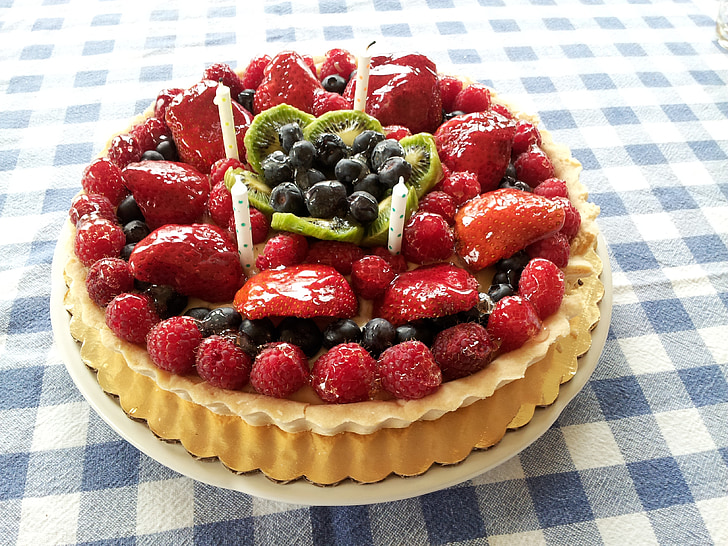 cake, birthday, tart, dessert, pastry, fruit, gourmet