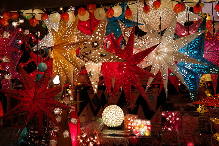 ポインセチア, つ星, 光, カラフルです, 色, 市場, クリスマス マーケット