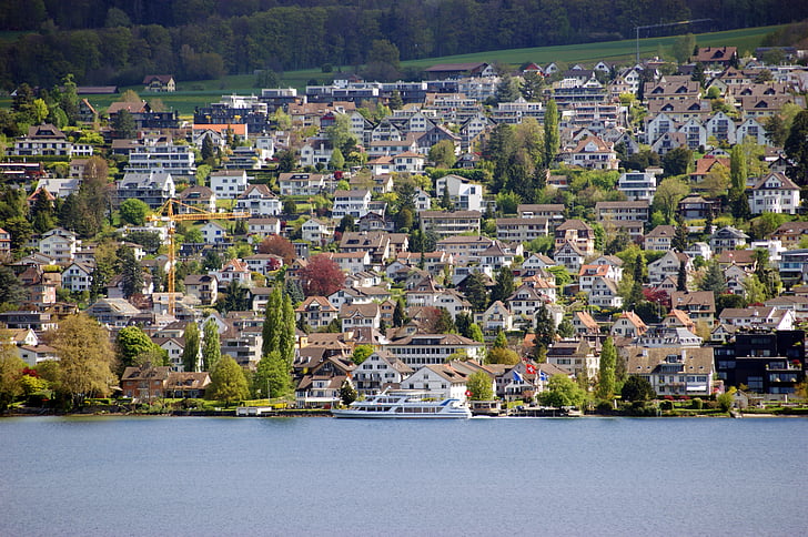 Costa do ouro, Lago de Zurique, ferry de passageiros, nave, água, casas, árvores