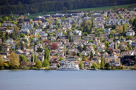 Guldkusten, Zürichsjön, passagerarfärja, fartyg, vatten, bostäder, träd