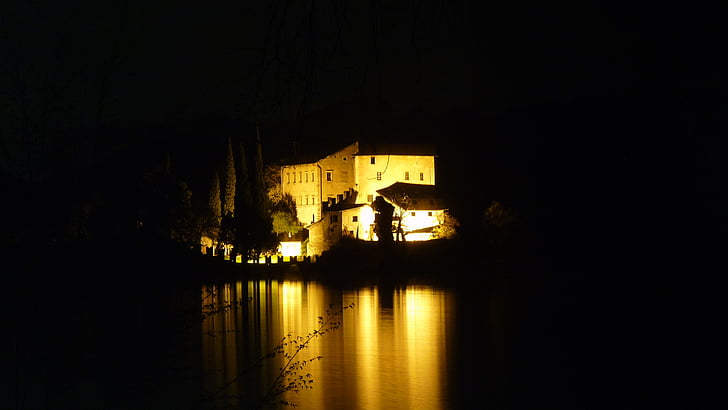 toblino, night, lake, castle