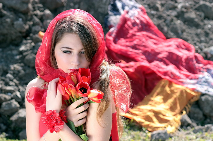 girl, about, red, blue eyes, tulips, seductive