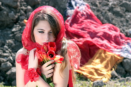 girl, about, red, blue eyes, tulips, seductive