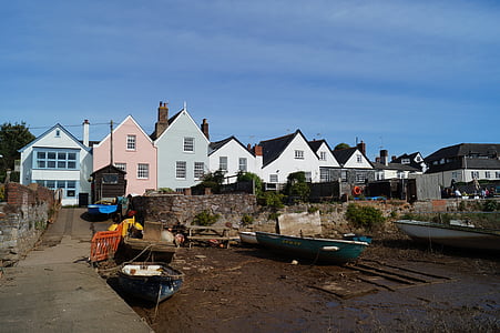 cottages, seaside, estuary, low tide, ferry, coast, water