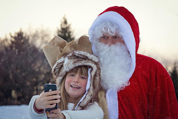Karácsony, Mikulás, fogott, Fénykép, selfie, együtt, gyermekkori