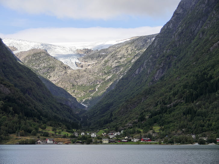 glacier, fjord, norway, ice, mountains, settlement, village