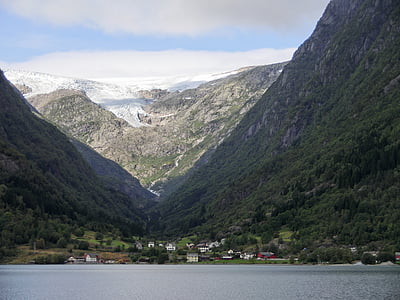παγετώνας, φιόρδ, Νορβηγία, πάγου, βουνά, οικισμός, χωριό
