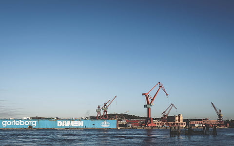 landscape, photography, shipyard, five, cranes, clear, sky