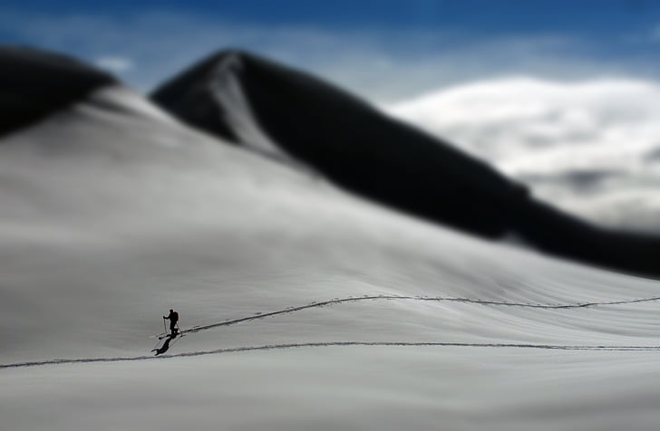 person, ice, skiing, daytime, sky, clouds, desert
