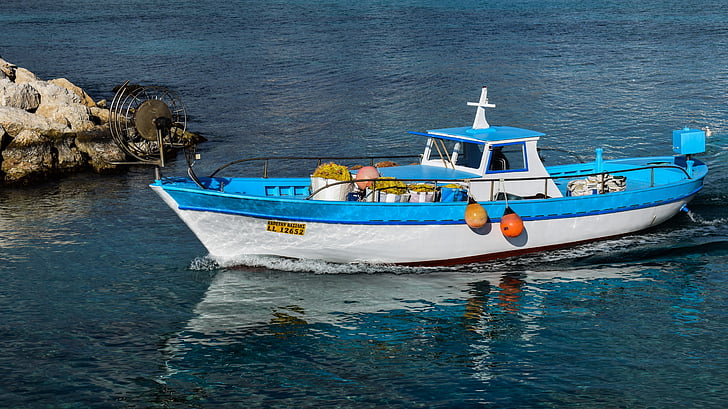 fishing boat, harbor, traditional, reflection, arrival, ayia napa, cyprus