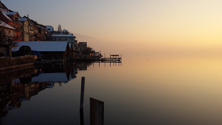 vlakem, Západ slunce, jezero, abendstimmung, Švýcarsko, oranžová, večer