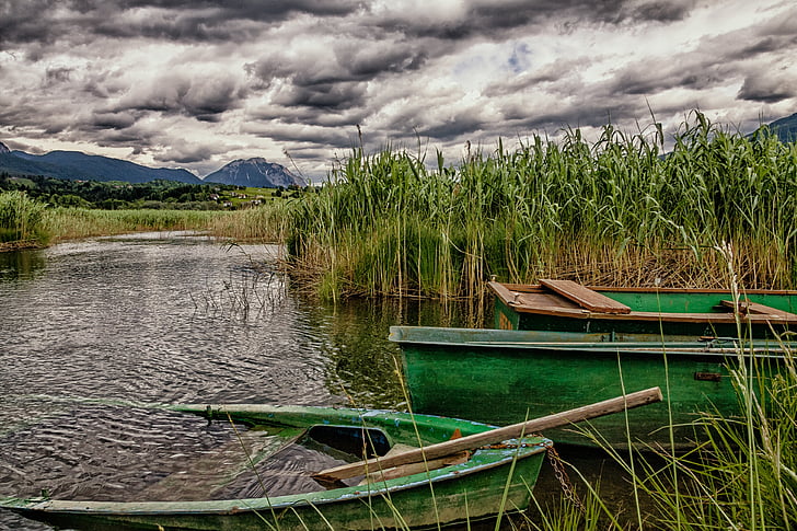 pressegger see, carinthia, rowing boat, hermagor, clouds, reed, water