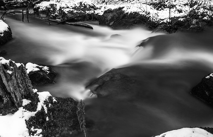 water, brook, forest, slow shutter speed, black and white, sweden, bw